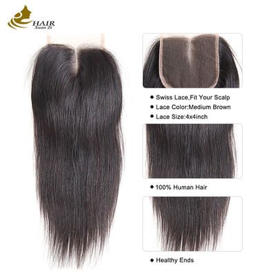 100٪ موهای انسانی 4 * 4 بسته شدن دنده رنگ طبیعی برزیلی بسته شدن دنده مستقیم